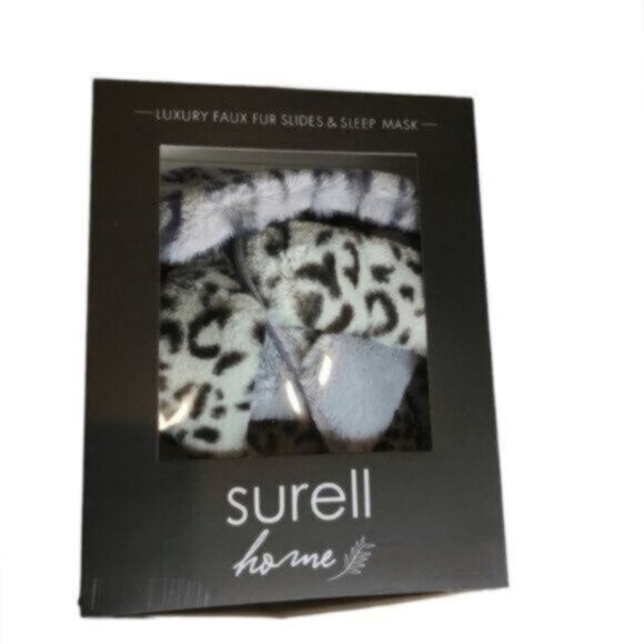 NEW Surell Grey Animal Print Faux Fur Eye Mask & Warm Comfy Slippers Set 7-8 - Picture 3 of 3